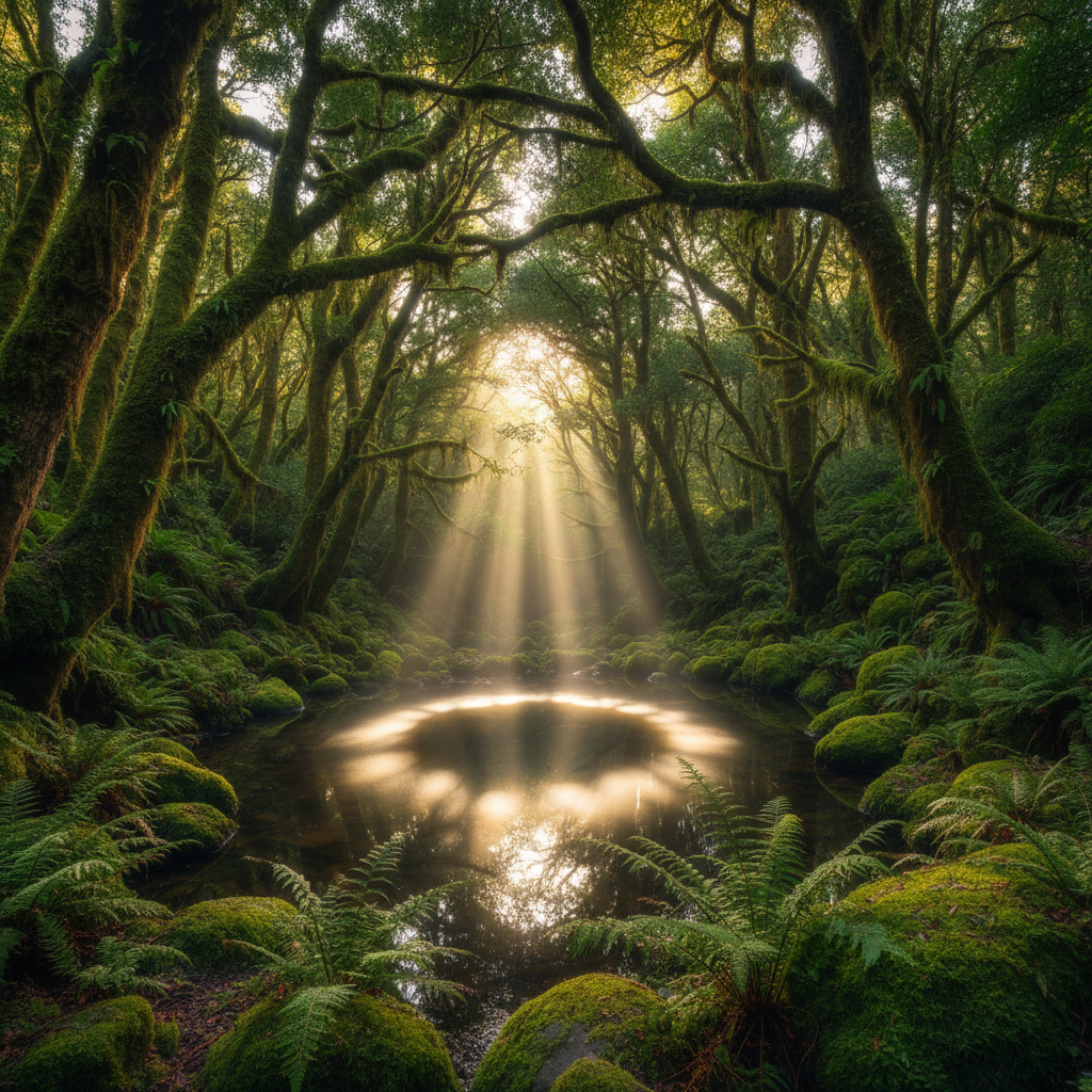 A small, secluded glen encircled by tall, moss-draped trees, shot in photographic realism. At the center lies a perfectly still, mirrorlike pool, its dark surface reflecting a break in the canopy where pale morning light spills through. Ferns with delicate fronds frame the water’s edge, and scattered stones are softened by thick, velvety moss. Subtle mist hovers just above the surface, catching the light and forming a faint, glowing halo. Captured from a low, slightly off-center angle using the rule of thirds, the composition draws focus to the glowing reflection. The atmosphere is hushed and reverent, as if sound is absorbed by the damp earth and living green walls of the thin place.
