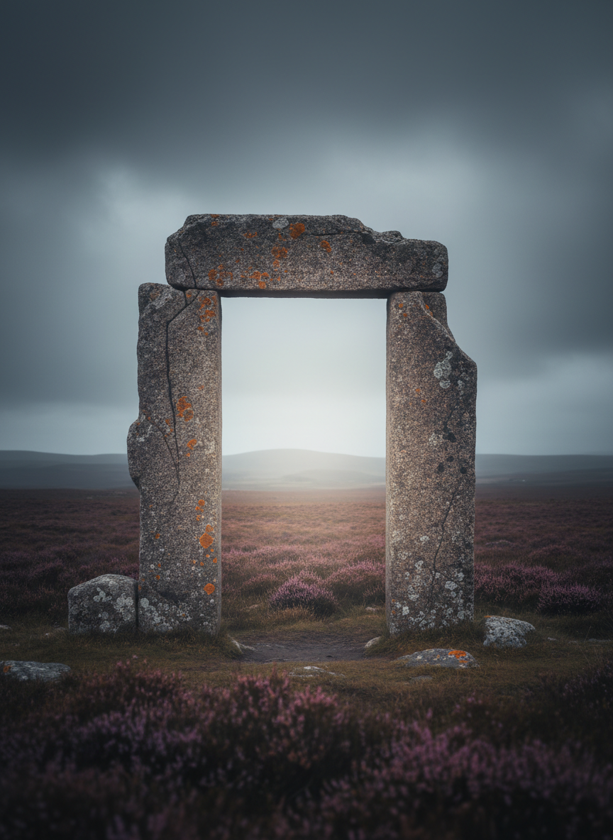 An isolated stone doorway standing alone in a wild moor, with no walls attached, rendered in refined photographic realism. The weathered stones are flecked with orange lichen, each chiseled edge and rough surface sharply defined. Through the doorway, the landscape subtly shifts: the sky appears a shade brighter, distant hills softened by pearlescent mist, heather blooming more vibrantly. Outside the frame, the moor is under brooding, overcast light; within the doorway’s rectangle, a gentle, diffused glow suggests a different atmosphere. Shot straight-on with a centered composition and moderate depth of field, the image emphasizes the doorway as a literal and symbolic threshold, creating a contemplative, otherworldly mood.