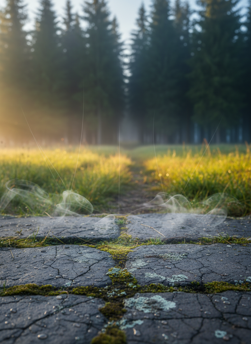 A weathered stone threshold between a sunlit meadow and a shadowed forest, captured in photographic realism. The foreground shows fine cracks and lichen on the flat stones, dew beading along mossy edges. Beyond, a soft-focus path disappears into tall, dark pines, while behind the viewer the grass glows a luminous green under late-afternoon golden hour light. Mist gathers low to the ground, catching thin shafts of light that seem to pour through an invisible veil. Shot at eye level with a shallow depth of field, the stones in crisp focus and the forest gently blurred, creating a serene, contemplative mood that suggests crossing into a thin place between worlds.