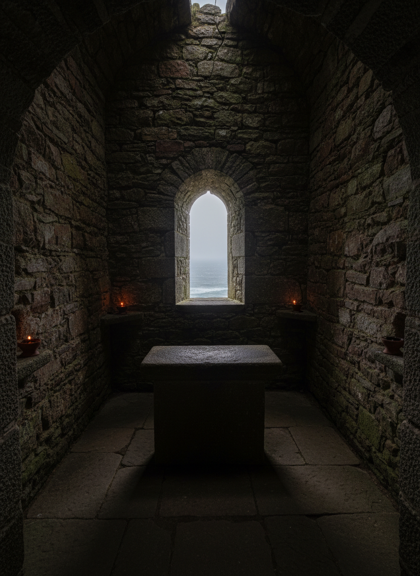 The interior of a small, stone-built oratory on a remote island, interpreted in sophisticated photographic realism. Rough, hand-laid stones form thick walls, their irregular surfaces catching the faint light from a narrow, arched window. A simple, unadorned stone slab stands in the center, its surface smooth with centuries of touch. Through the window, only a strip of gray sea and low sky are visible, softened by sea mist and slightly out of focus. The lighting is dim and directional, creating gentle pools of light and deep, velvety shadows in the corners. Shot from a slightly elevated angle with sharp focus on the central slab, the space feels intimate, hushed, and quietly sacred, embodying a timeless thin place.