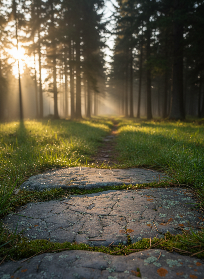 A weathered stone threshold between a sunlit meadow and a shadowed forest, captured in photographic realism. The foreground shows fine cracks and lichen on the flat stones, dew beading along mossy edges. Beyond, a soft-focus path disappears into tall, dark pines, while behind the viewer the grass glows a luminous green under late-afternoon golden hour light. Mist gathers low to the ground, catching thin shafts of light that seem to pour through an invisible veil. Shot at eye level with a shallow depth of field, the stones in crisp focus and the forest gently blurred, creating a serene, contemplative mood that suggests crossing into a thin place between worlds.